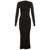 Fashion Black Round Neck Long Sleeve Pleated Dress