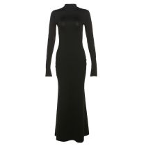 Fashion Black Polyester Round Neck Long Sleeve Maxi Dress