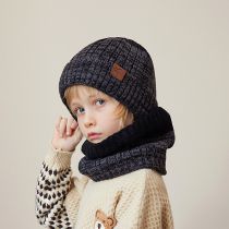 Fashion Children's Two-piece Set-black Acrylic Children's Knitted Label Beanie And Scarf Set