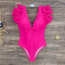 Fashion Rose Pink Deep V Strap Double Layer Ruffle One-piece Swimsuit