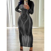 Fashion Grey Long Sleeve Round Neck Printed Maxi Skirt