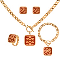 Fashion Red Titanium Steel Oil Dropped Square Pattern Necklace Earrings Bracelet Ring Set