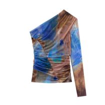 Fashion Color Silk-print One-shoulder Top