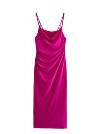 Fashion Rose Red Polyester Pleated Drop Neck Slip Camisole Dress