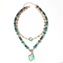 Fashion Green Resin Geometric Beaded Eyes Double Layer Necklace