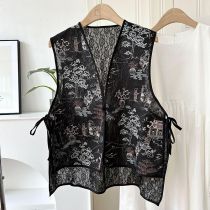 Fashion Black Polyester Embroidered Flower Vest Jacket