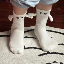 Fashion Hand-holding White Hand Socks (with Magnets) - 1 Person Wears Cotton Eye Embroidered Holder Mid Socks
