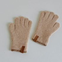 Fashion Khaki Children's Woolen Five-finger Gloves With Leather Labels