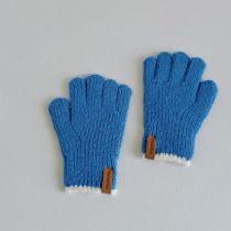 Fashion Blue Children's Woolen Five-finger Gloves With Leather Labels