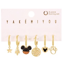 Fashion Gold Copper Inlaid Zirconium Drop Oil Mickey Rocket Pendant Earrings Set Of 6