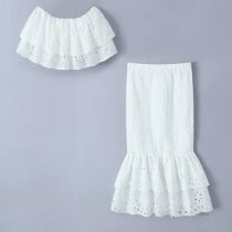 Fashion White Polyester Embroidered Layered Top Fishtail Skirt Suit