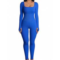 Fashion Blue Blended Ribbed Long-sleeved Trousers Jumpsuit