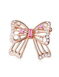 Genuine Light Plum Red & Rose Gold Hollow Out Butterfly Shape Simple Design Alloy Crystal Brooches
