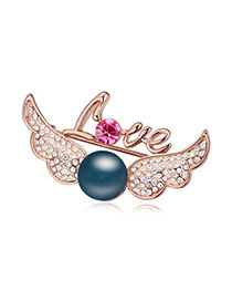 Wonderful Dark Blue & Rose Gold Pearl Decorated Wings Shape Design Alloy Crystal Brooches