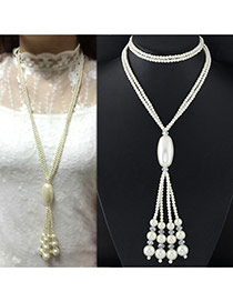 Fashion White Pearls Deocrated Tassel Design Double Layer Long Necklace