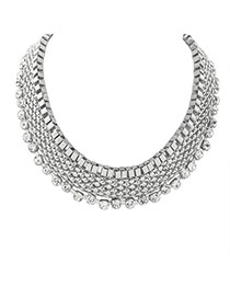Elegant Silver Color Diamond Decorated Multilayer Collar Necklace